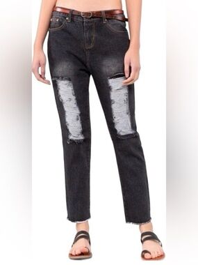 POL ripped fishnet jeans straight leg ankle black wash denim women’s medium
